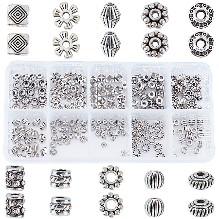 SUNNYCLUE Tibetan Style Alloy Spacer Beads, Mixed Shapes, Antique Silver, 200pcs/box