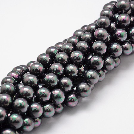 ARRICRAFT Shell Pearl Bead Strands, Rainbow Plated, Grade A, Round, Black, 8mm, Hole: 1mm, about 51pcs/strand, 16 inches