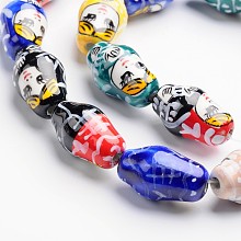 Honeyhandy Russian Doll Printed Handmade Porcelain Beads, Mixed Color, 22x13mm, Hole: 3mm