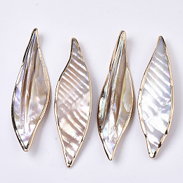 Honeyhandy Natural Freshwater Shell Big Pendants, Edge Golden Plated, Leaf, Seashell Color, 69~73x18~19.5x5.5~7.5mm, Hole: 1.8mm