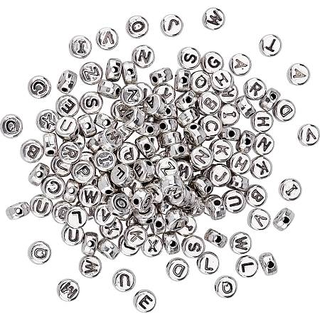 NBEADS Alloy Beads, Letter A~Z, Flat Round with Alphabet, Antique Silver, Letter A~Z, 7x4mm, Hole: 1.5mm; 26 letters, 6pcs/letter, 156pcs/box