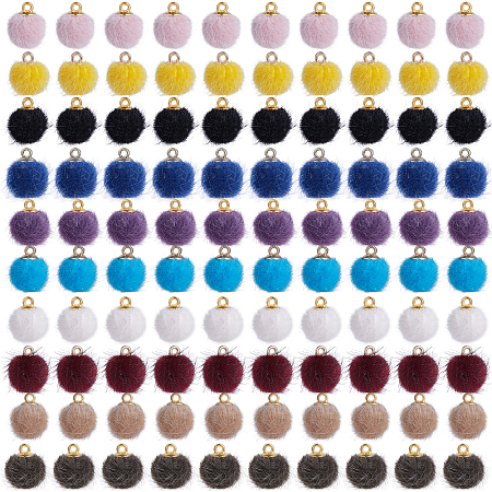 Faux Mink Fur Covered Pendants, with Golden Tone Brass Pendant Bails, Round, Mixed Color, 14x10mm, Hole: 1.5mm, 100pcs/set
