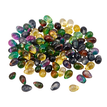 Transparent Glass Beads, Teardrop, Mixed Color, 6~7x4~5mm, Hole: 1mm, about 100pcs/box