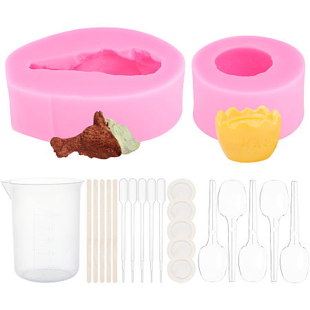 Olycraft DIY Food Shape Fondant Molds Kits, Include Wooden Craft Sticks, Plastic Pipettes, Latex Finger Cots, Plastic Measuring Cup, Plastic Spoons, Hot Pink, 57x81x24mm, Inner Diameter: 23x62mm; 1pc
