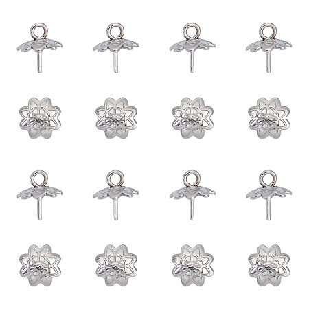 Unicraftale Stainless Steel Peg Bails Pendants, Cup Peg Bails,for Half-Drilled Beads, 8-Petal, Flower, Stainless Steel Color, 8x7.5x7.5mm, Hole: 1.2mm, Pin: 0.6mm; 100pcs/box