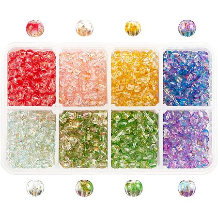 Transparent Spray Painted Glass Beads, with Golden Foil, Round, Mixed Color, 4~5mm, Hole: 0.9~1.2mm; 8 colors, about 250pcs/color, 2000pcs/box