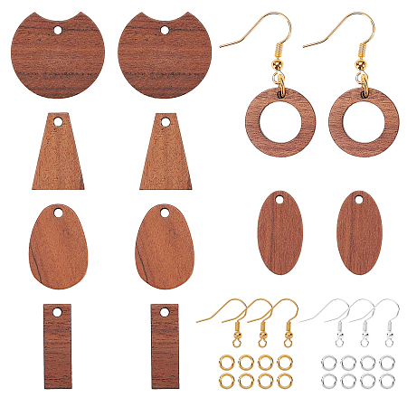 Olycraft DIY Dangle Earring Making Kits, include Undyed Walnut Wood Pendants, Brass Earring Hooks, Brass Jump Rings, Mixed Shapes, Golden & Silver, Pendants: 24pcs/box