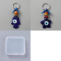 Arricraft 2Pcs 2 Style Turkish Blue Evil Eye Star/Hamsa Hand Pendant Alloy Keychain, with Iron Findings, Blue, 10.3~11.8cm, 1pc/style