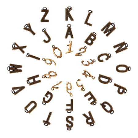 SUNNYCLUE Tibetan Style Alloy Pendant Sets, Including Number 0~9 and Alphabet Letter A~Z, Antique Bronze, 86pcs/box