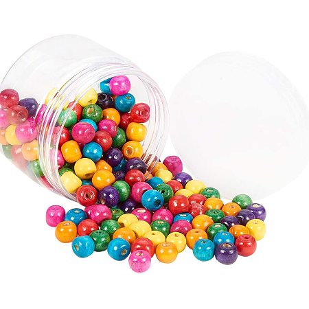 Wood Beads, Dyed, Round, Mixed Color, 10mm, Hole: 3.5mm; 200pcs/box; Plastic Beads Container: 7.2x5.2cm