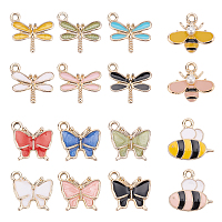 BENECREAT Alloy Enamel Pendants, Bees & Dragonfly & Butterfly, Light Gold Plated, Mixed Color, 13~16x13.5~17x2.5~6mm, Hole: 1.8~2mm; 64pcs/box