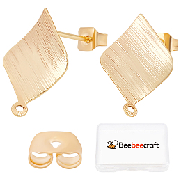 Beebeecraft 20Pcs Brass Stud Earring Findings, Nickel Free, Twist Rhombus, with 20Pcs Ear Nuts, Golden, 17x11.5mm, Hole: 1mm, Pin: 0.8mm
