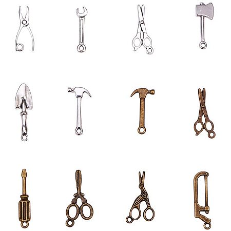Arricraft 120pcs Worker 3D Tool Charms Pendants, 12 Style Tibetan Antique Saw Wrench Hammer Scissors Axe Pliers Metal Pendants Charms Beads for DIY Bracelet Necklace Jewelry Making
