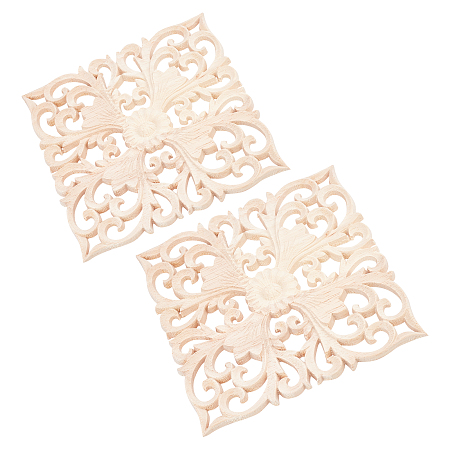 Natural Solid Wood Carved Onlay Applique Craft, Unpainted Onlay Furniture Home Decoration, Square with Flower, BurlyWood, 146x146x7mm