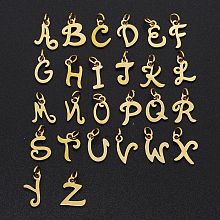 Honeyhandy 201 Stainless Steel Charms, Laser Cut, with Jump Rings, Alphabet A~Z, Golden, 12x6x1mm, Hole: 3mm, 26pcs/set