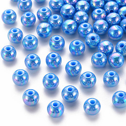 Honeyhandy Opaque Acrylic Beads, AB Color Plated, Round, Deep Sky Blue, 8x7mm, Hole: 2mm, about 1745pcs/500g