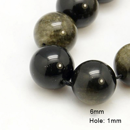 Honeyhandy Natural Golden Sheen Obsidian Beads Strands, Round, 6mm, Hole: 1mm, about 62pcs/strand, 16 inch