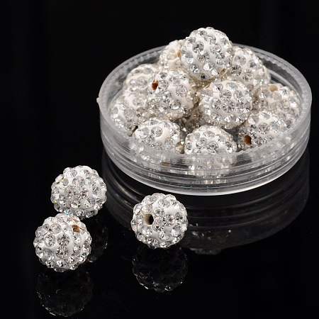 Honeyhandy Pave Disco Ball Beads, Polymer Clay Rhinestone Beads, Round, Crystal, PP15(2.1~2.2mm), 10mm, Hole: 1.5mm