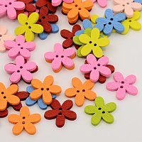 Honeyhandy Wooden Buttons, Dyed, 2-Hole, Flower, Mixed Color, 15x15x2mm, Hole: 1mm