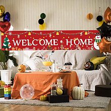 FINGERINSPIRE 118x20inch Welcome Home Christmas Banner with Hanging Rope Rectangle Welcome Red Christmas Party Supplies with Snowman Christmas Tree Gift Box Pattern for Outdoor & Indoor Decor