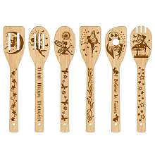 GLOBLELAND 6Pcs Bamboo Spoons & Knifes & Forks, Flatware for Dessert, Fairy Pattern, 60x300mm, 6 style, 1pc/style, 6pcs/set