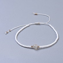 Honeyhandy Nylon Thread Braided Beads Bracelets, with Seed Beads and Natural White Moonstone, 1-3/4 inch~3-1/8 inch(4.5~8cm)