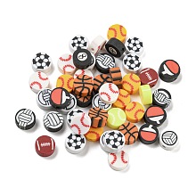 Handmade Polymer Clay Beads, Flat Round with Football/Basketball/Rugby/Volleyball/Baseball, Mixed Color, 9.5x4.5mm, Hole: 1.8mm