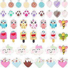 SUNNYCLUE 48Pcs 8 Styles Polymer Clay Candy Charms Handmade Clay Ice Cream Cloud Honeybee Macaron Charm Flat Back Bee Owl Puppy Dog Paw Sweet Heart Charms for Jewelry Making Charm Necklace Supplies