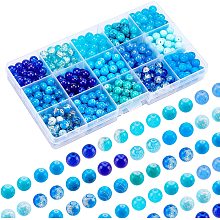 PandaHall Elite 15 Style Blue Glass Beads, 450pcs 8mm Blue Sea Crackle Glass Bead Round Loose Beads Spacers for Summer Boho Bracelets, Necklaces, Crafts DIY Jewelry Making