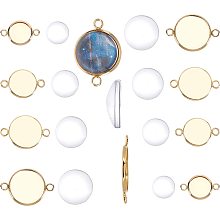 SUNNYCLUE 1 Box 48Pcs Stainless Steel Cabochon Settings Kit 4 Sizes Bezel Tray Connectors with Double Loop Flat Round Links & 4 Sizes Transparent Glass Cabochons for Jewelry Making, Gloden