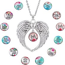 SUNNYCLUE 1 Box 12 Style Glass Flower Buttons Large Wing Pendants Snap Buttons for Jewelry Making Glass Button Angel Wing Charm Pendant Letter Rose Cabochons Long Sweater Stainless Steel Chain 30Inch