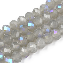 Honeyhandy Electroplate Glass Beads Strands, Imitation Jade Beads, Half Plated, Rainbow Plated, Faceted, Rondelle, Gray, 8x6mm, Hole: 1mm, about 63~65pcs/strand, 39~40cm