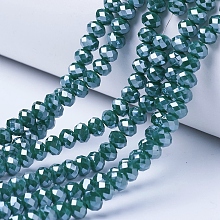 Honeyhandy Electroplate Glass Beads Strands, Pearl Luster Plated, Faceted, Rondelle, Teal, 4x3mm, Hole: 0.4mm, about 123~127pcs/strand, 17~17.5 inch(43~44cm)