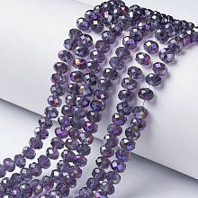 Honeyhandy Electroplate Transparent Glass Beads Strands, Half Rainbow Plated, Faceted, Rondelle, Dark Violet, 4x3mm, Hole: 0.4mm, about 130pcs/strand, 16.54 inch(42cm)