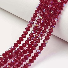 Honeyhandy Electroplate Glass Beads Strands, Half Rainbow Plated, Faceted, Rondelle, FireBrick, 6x5mm, Hole: 1mm, about 85~88pcs/strand, 16.1~16.5 inch(41~42cm)