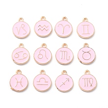 Honeyhandy Alloy Enamel Pendants, Flat Round with Twelve Constellation, Light Gold, Pink, 15x12x2mm, Hole: 1.5mm, about 12pcs/set