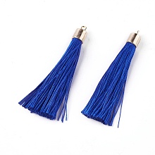 Honeyhandy Polyester Tassel Big Pendant Decorations, with Alloy Finding, Golden, Blue, 58~65x7~25mm, Hole: 1.5mm