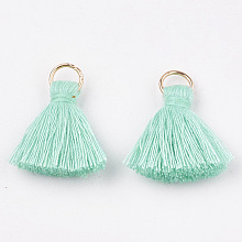 Honeyhandy Polycotton(Polyester Cotton) Tassel Pendant Decorations, with Iron Findings, Light Gold, Aquamarine, 20~30x7~8mm, Hole: 5mm