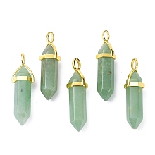 Honeyhandy Natural Green Aventurine Pointed Pendants, with Random Brass Pendant Hexagon Bead Cap Bails, Golden, Bullet, 38.5~40x12~12.5x10~11mm, Hole: 3x4.5mm