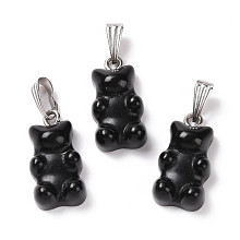 Honeyhandy Natural Black Onyx Pendants, with Stainless Steel Color Tone 201 Stainless Steel Findings, Bear, Dyed & Heated, 27.5mm, Hole: 2.5x7.5mm, Bear: 21x11x6.5mm