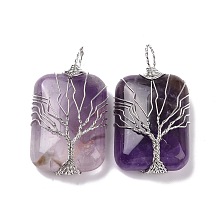 Honeyhandy Natural Amethyst Copper Wire Wrapped Pendants, Rectangle with Tree of Life Charms, Platinum, 46~49x25~27x10~12mm, Hole: 8x9mm