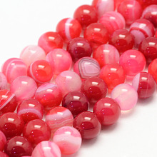 Honeyhandy Natural Striped Agate/Banded Agate Bead Strands, Round, Grade A, Dyed, Cerise, 6mm, Hole: 1mm, about 62~63pcs/strand, 14.5 inch