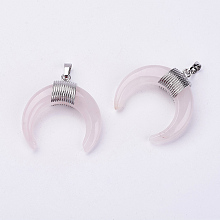 Honeyhandy Natural Rose Quartz Pendants, with Platinum Plated Brass Findings, Double Horn/Crescent Moon, 34x33x8.5mm, Hole: 5x7mm