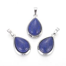 Honeyhandy Natural Lapis Lazuli Pendants, with Brass Findings, teardrop, Platinum, 26x16~17x8~10mm, Hole: 8x5mm