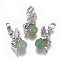 Honeyhandy Natural Green Aventurine Pendants, with Platinum Tone Brass Findings, Fairy, 25~26x12~13x8mm, Hole: 3.5x5.5mm