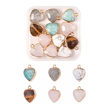 Arricraft 12Pcs/Box 6 Styles Electroplate Natural Gemstone Pendants, with Cadmium Free & Nickel Free & Lead Free Golden Iron Findings, Faceted, Heart, 16x14x6mm, Hole: 1.8mm, 2pcs/style