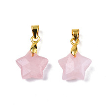 Honeyhandy Natural Rose Quartz Charms, with Golden Plated Brass Findings, Faceted Star, Star: 12x12.5x5.5mm, Hole: 3.5x4mm