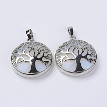 Honeyhandy Opalite Pendants, with Platinum Plated Brass Findings, Flat Round with Tree of Life, 31x27x8mm, Hole: 3.5x7mm