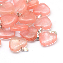 Honeyhandy Heart Cherry Quartz Glass Pendants, with Platinum Tone Brass Findings, 20~22x20~21x5~8mm, Hole: 2x7mm