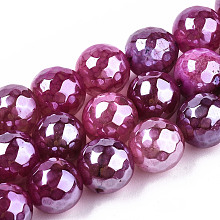 Honeyhandy Electroplate Natural Agate Beads Strands, Dyed, Faceted, Pearl Luster Plated, Round, Old Rose, 10.5mm, Hole: 1.2mm, about 36~37pcs/strand, 14.37 inch~14.57 inch(36.5cm~37cm)